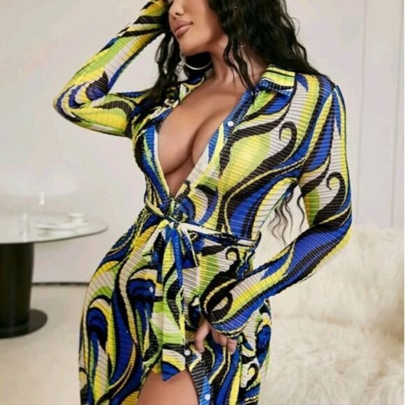 ALL OVER PRINT DEEP V BOHEMIAN SHIRT DRESS - Picture 6 of 9